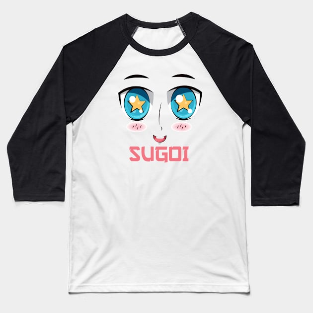 "SUGOI", Funny, Cute, Kawaii Anime Girl Face Baseball T-Shirt by ArkiLart Design